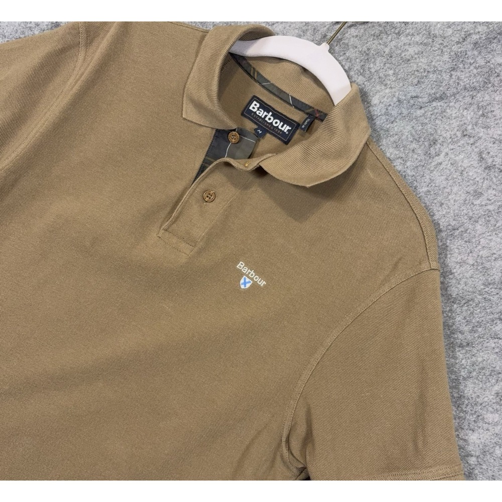Barbour Polo Shirt Mens Sz M Brown Tartan Plaid Short Sleeve Logo Pique Knit